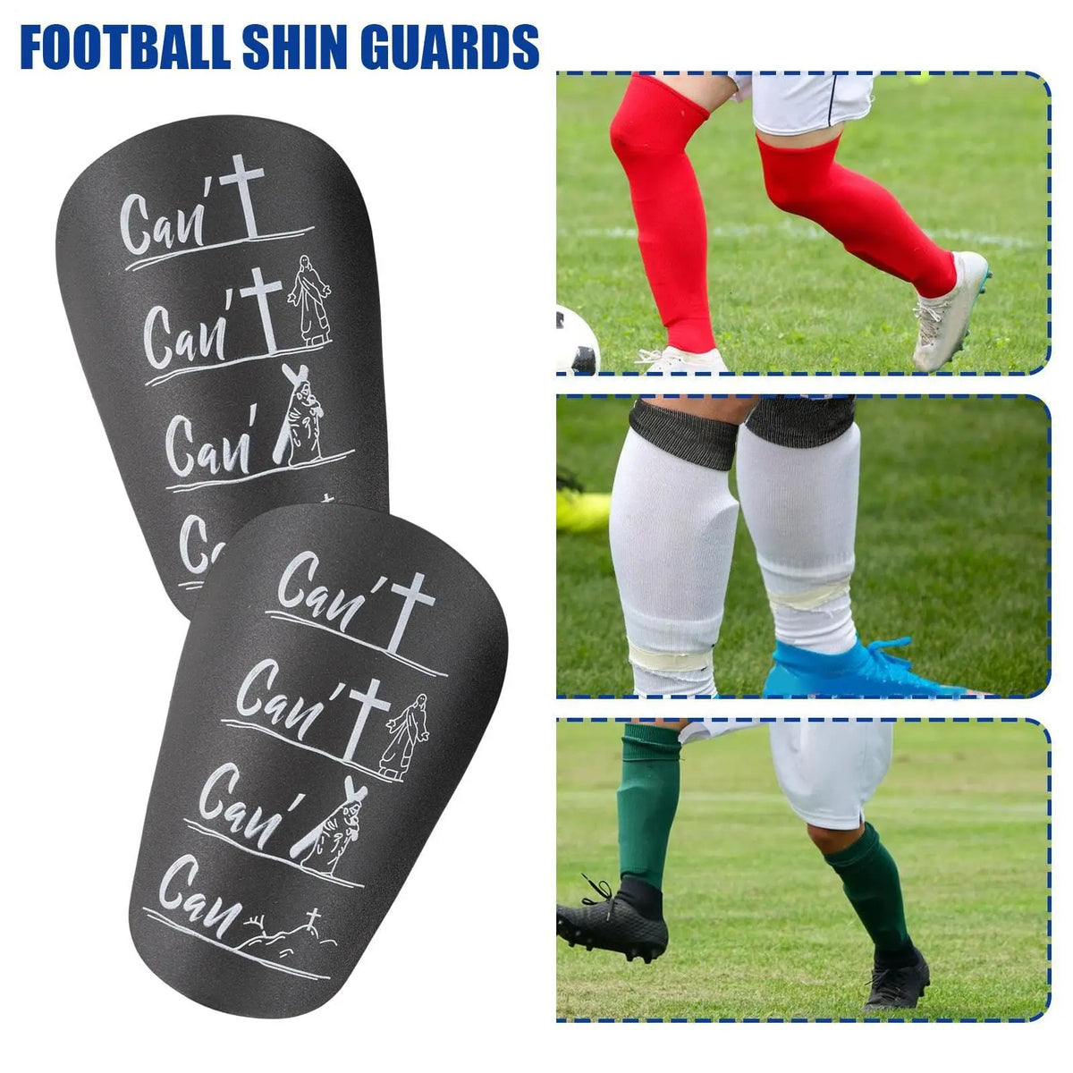 Protectores de espinilla de fútbol negros con varios diseños mostrados en la pierna de una persona.