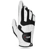 A close-up view of a white and black breathable microfiber golf and sports glove.