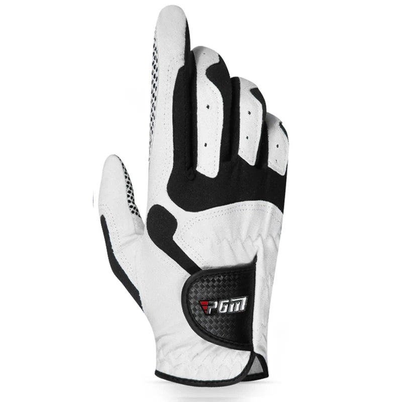 A close-up view of a white and black breathable microfiber golf and sports glove.