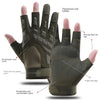 A pair of dark olive tactical anti-slip outdoor gloves shown with labels pointing to features like thickened rubber and breat