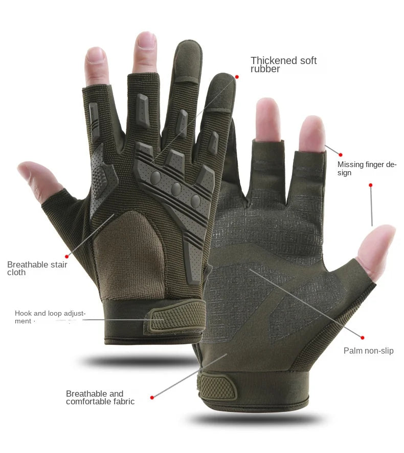 A pair of dark olive tactical anti-slip outdoor gloves shown with labels pointing to features like thickened rubber and breat