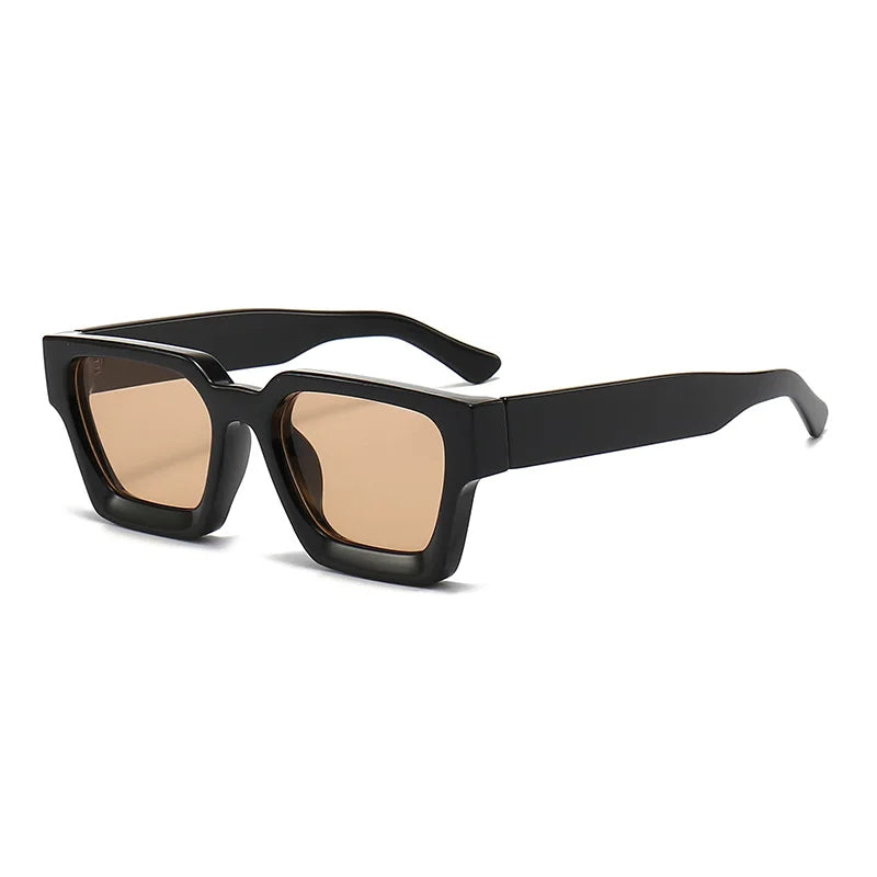 Black retro square frame sunglasses with amber lenses