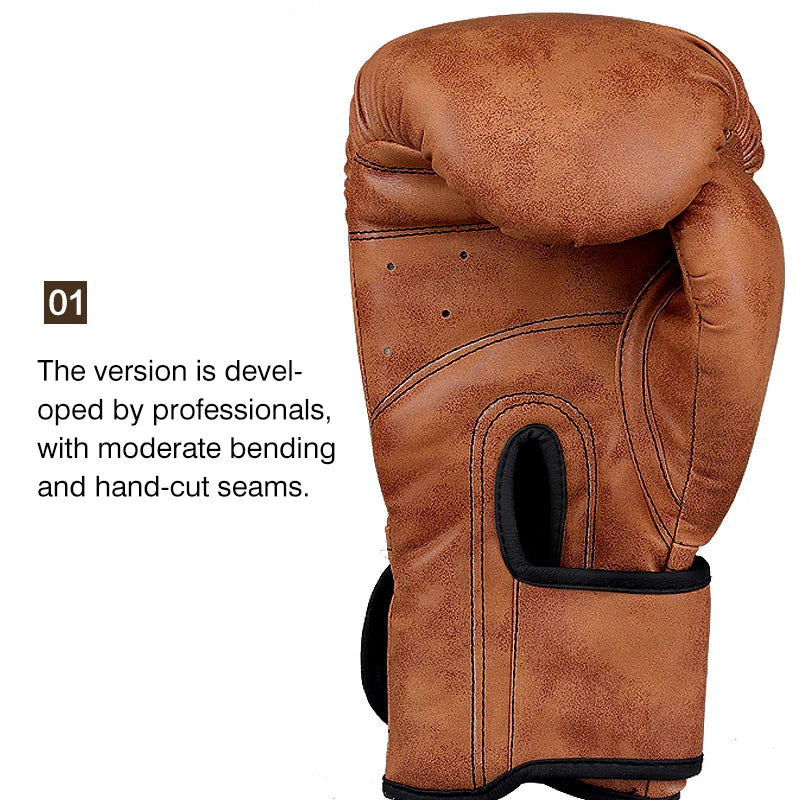A close-up view of a brown PU leather boxing glove with hand-cut seams and moderate bending.