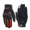A pair of black motorcycle riding gloves with orange accents shown against a white background.