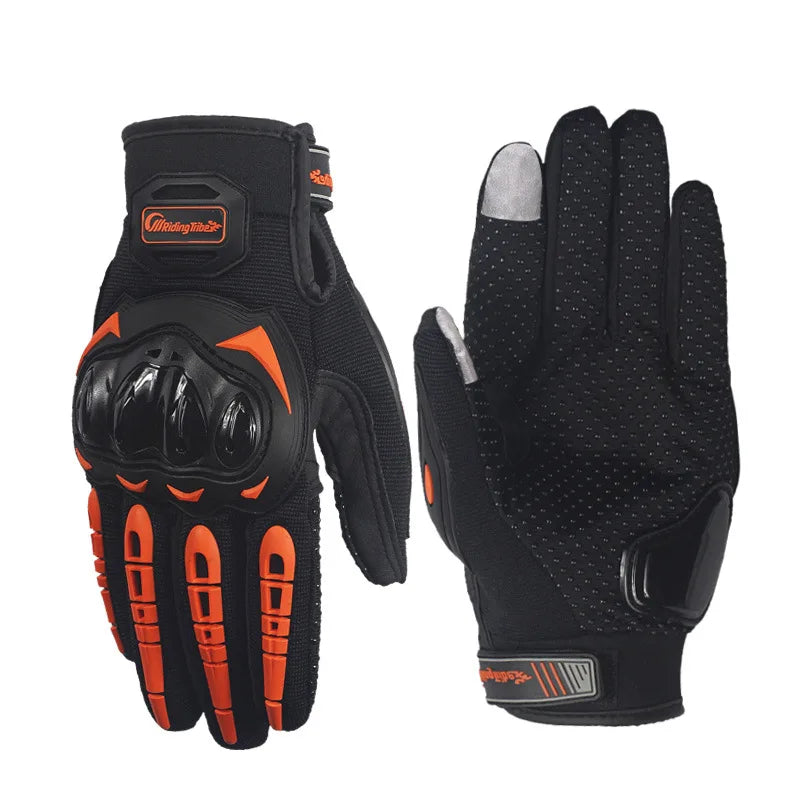 A pair of black motorcycle riding gloves with orange accents shown against a white background.