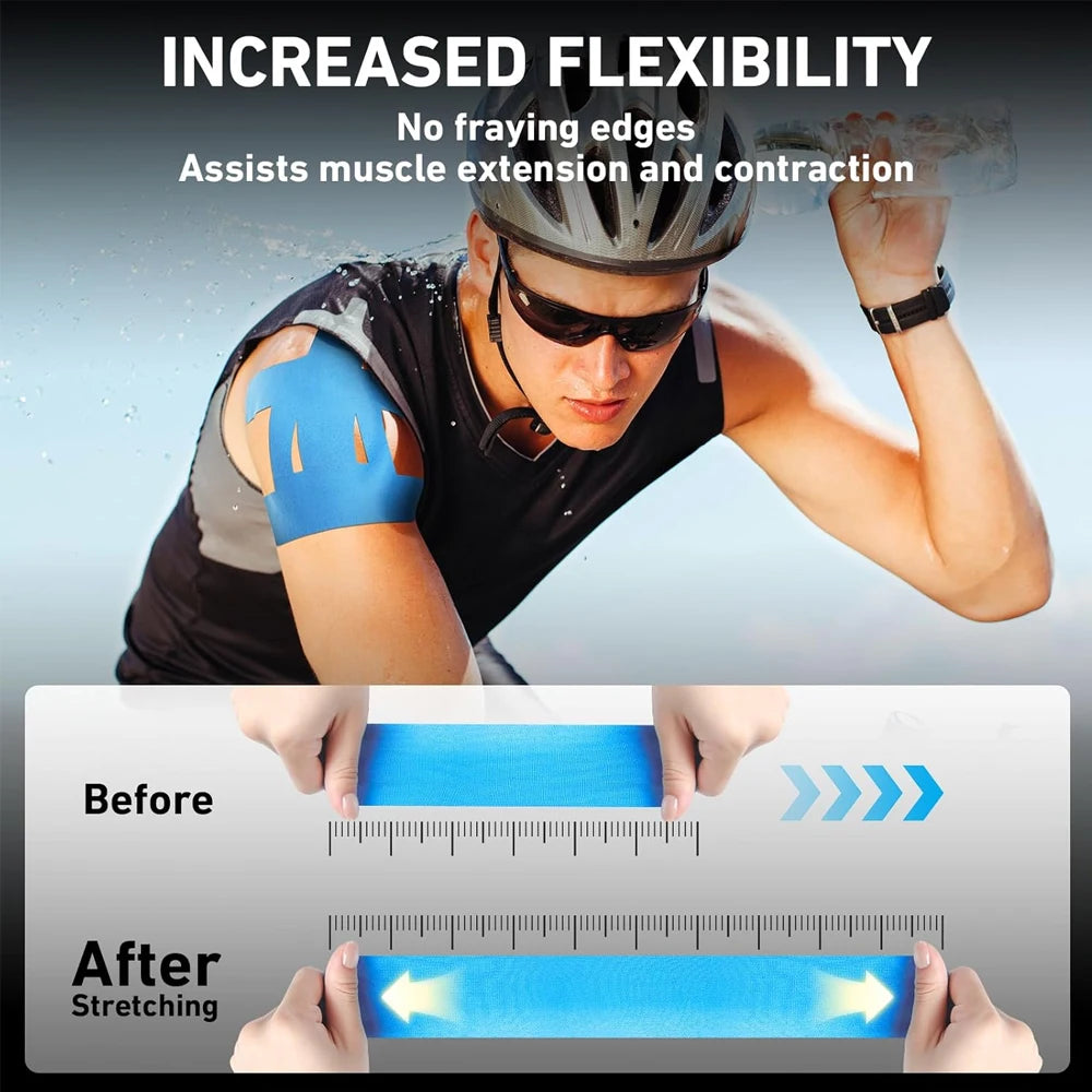 Demonstration of kinesiology tape application showing improved flexibility and muscle assistance for shoulder support.