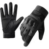 A pair of black durable tactical sports gloves shown from the palm side and top view.