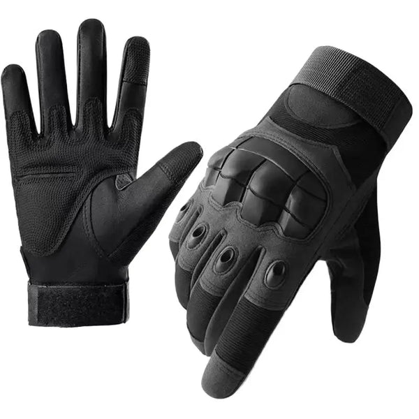 A pair of black durable tactical sports gloves shown from the palm side and top view.