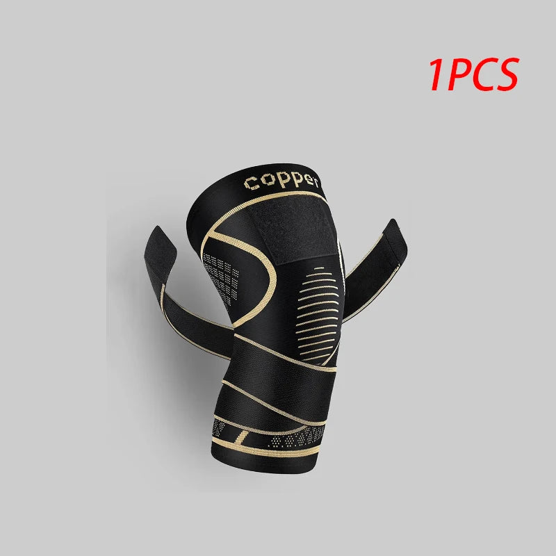 One pair of black copper knee braces for pain relief.