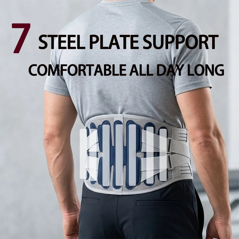 A person wearing a gray t-shirt and dark pants is shown using a steel plate support lumbar back brace.