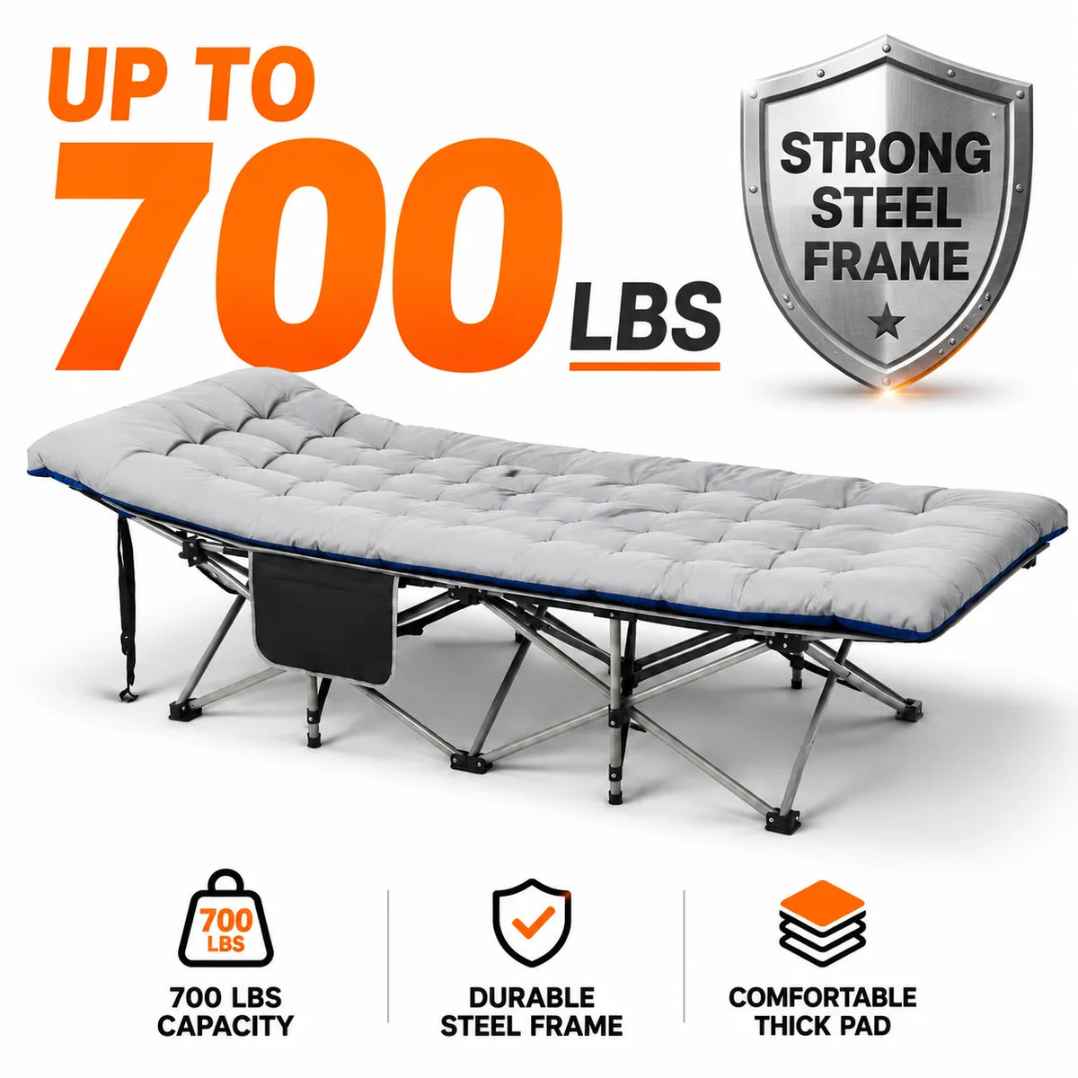 A portable foldable camping cot featuring a strong steel frame and a comfortable thick pad.