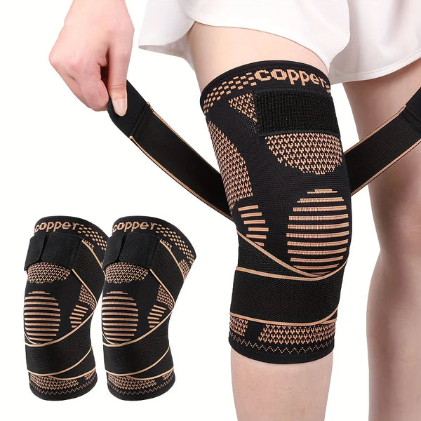 Manchon de compression de genou en cuivre noir porté sur une jambe.