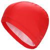 A bright red waterproof swim cap designed to protect long hair.