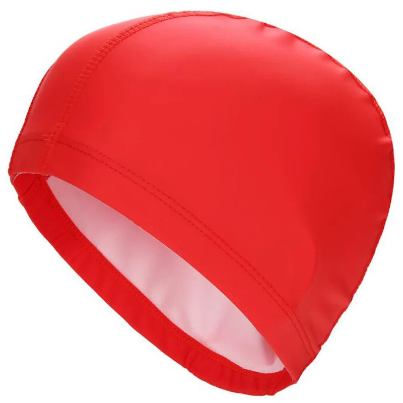 A bright red waterproof swim cap designed to protect long hair.