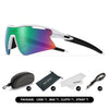 A pair of black and white sports sunglasses with a multi-colored lens shown in various packaging components.