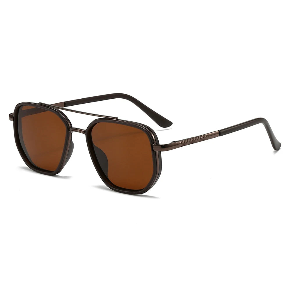 Brown tinted aviator style sunglasses with black frames and a gold accent detail