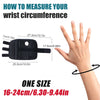 A black dual wrist support brace is shown next to a hand, illustrating how to measure wrist circumference.