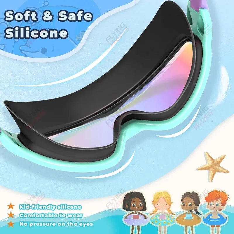 Black silicone swim goggles for kids with soft and safe design featuring anti-fog and UV protection