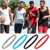 A set of five elastic silicone sports headbands in various colors including black, blue, and red.