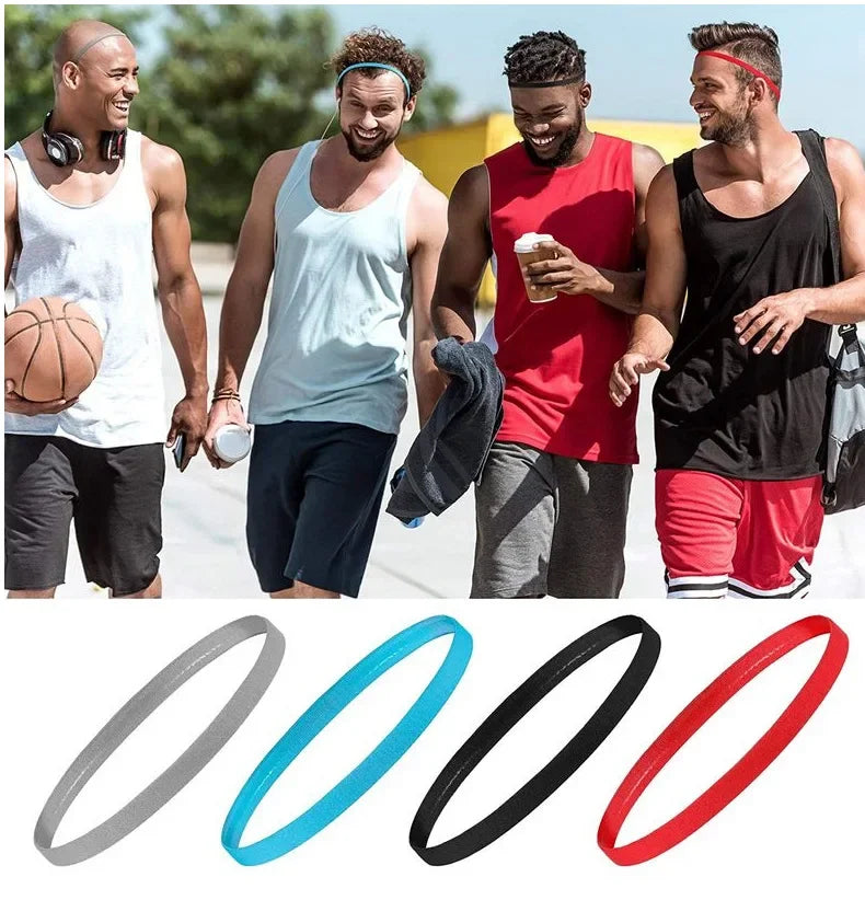 A set of five elastic silicone sports headbands in various colors including black, blue, and red.