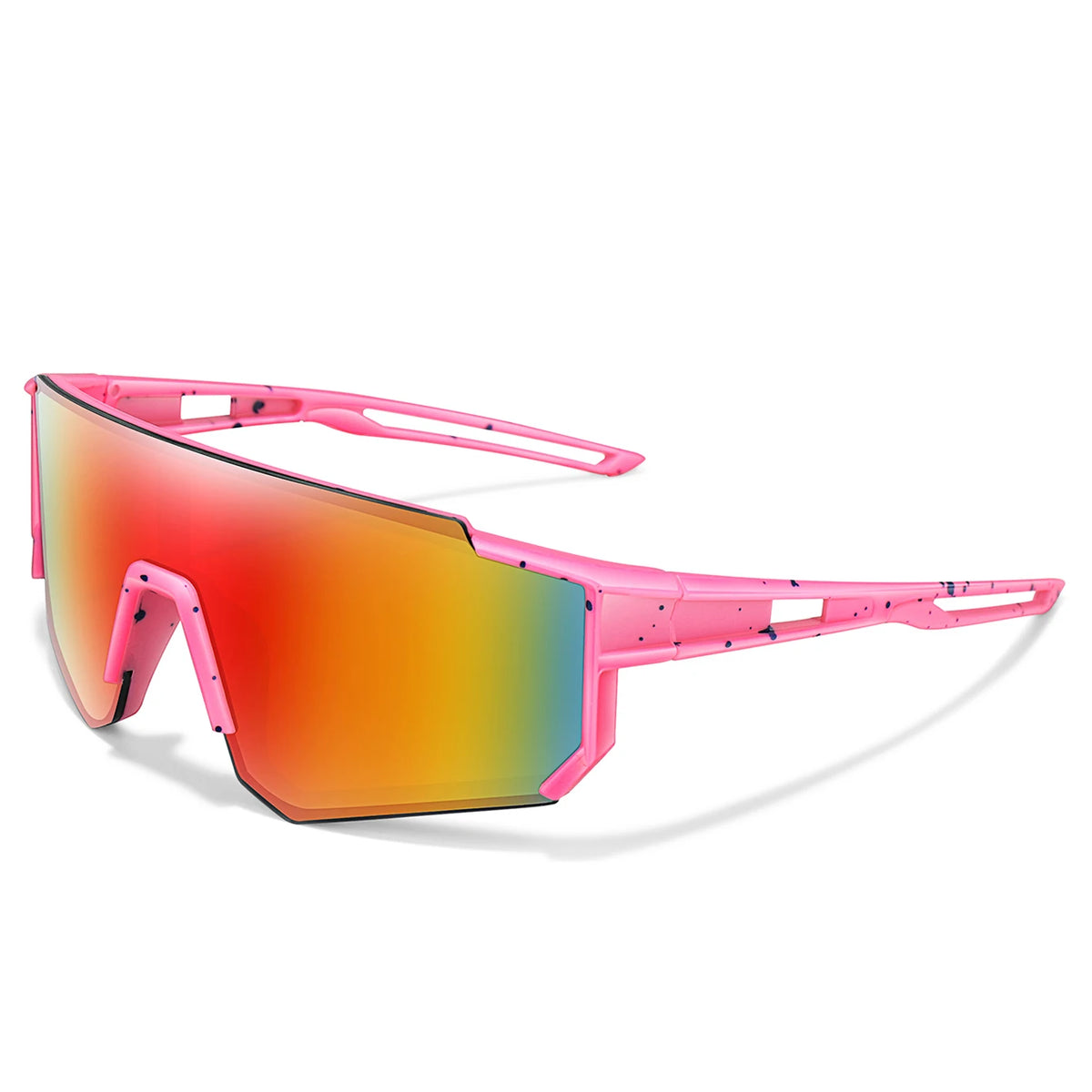 Pinke Sport-Sonnenbrille mit Farbverlauf-Linse in Orange und Gelb.