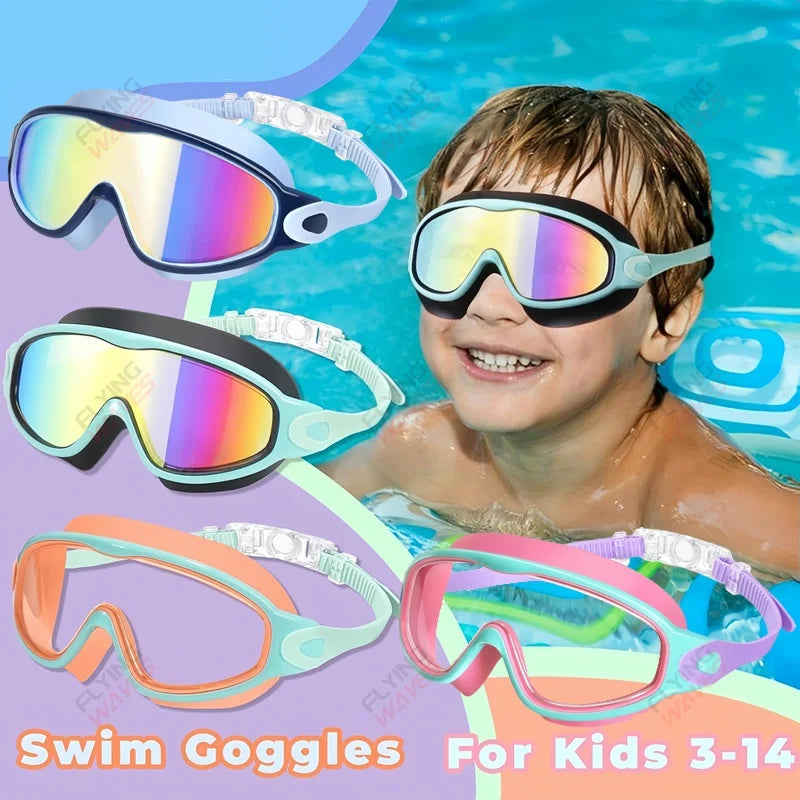 A young boy is smiling while wearing various colored swim goggles for kids.