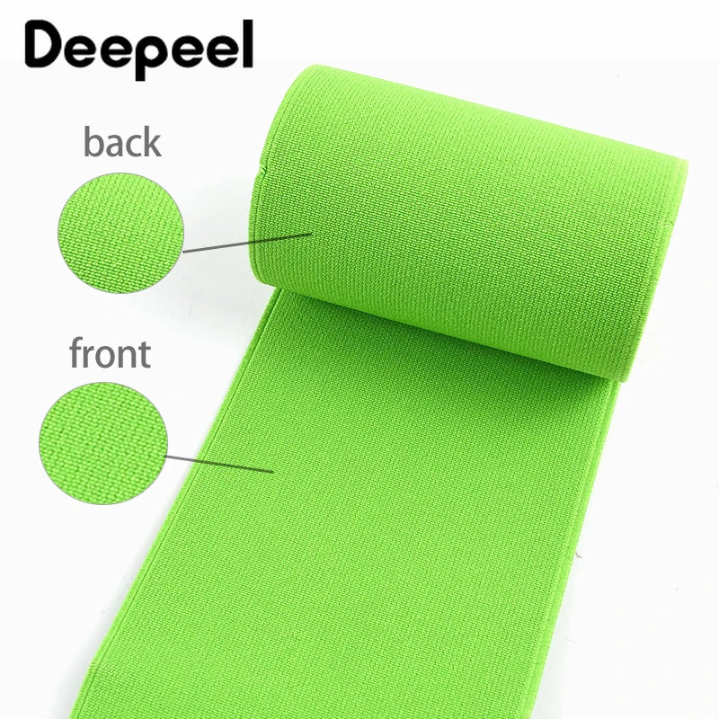 A bright lime green elastic band product showing the back and front views of an adjustable band for sewing and decoration.