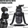 Botella de agua negra aislada con funda y correa, que tiene tapa anti-polvo y bolsillos.