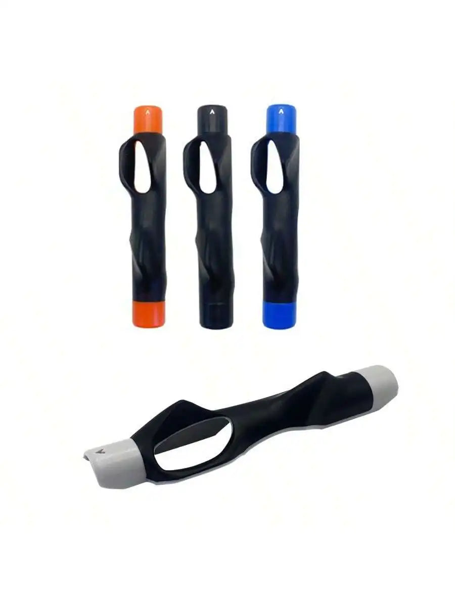 Three black and orange golf club grip trainers shown in various orientations.