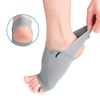 Gray silicone arch support insoles being worn on a foot, showing the design and fit.