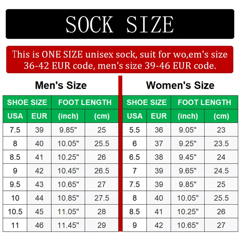 Tabla de tallas de calcetines para hombres y mujeres en EE. UU., EUR, pulgada y cm.
