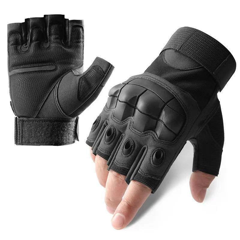 A pair of black durable tactical sports gloves shown from the back and palm view.