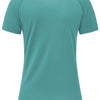 A teal women's quick dry moisture-wicking gym t-shirt shown from the back.