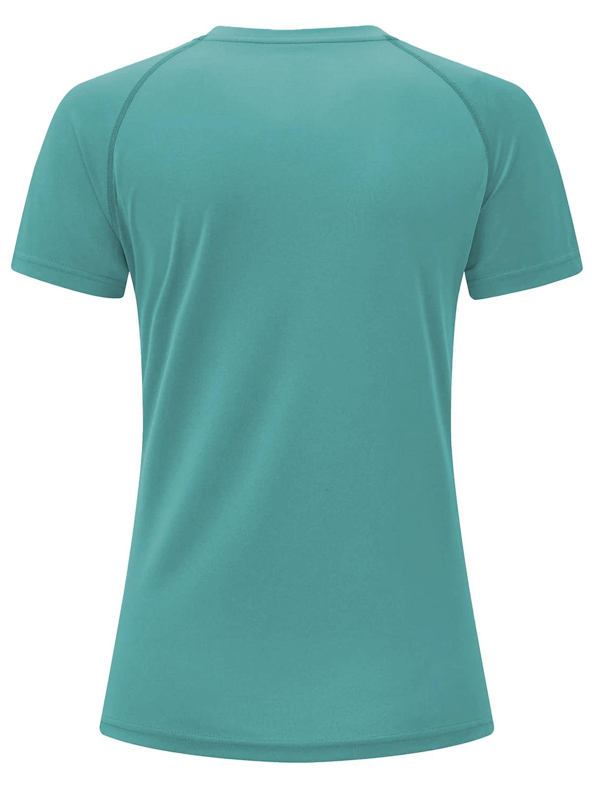 A teal women's quick dry moisture-wicking gym t-shirt shown from the back.