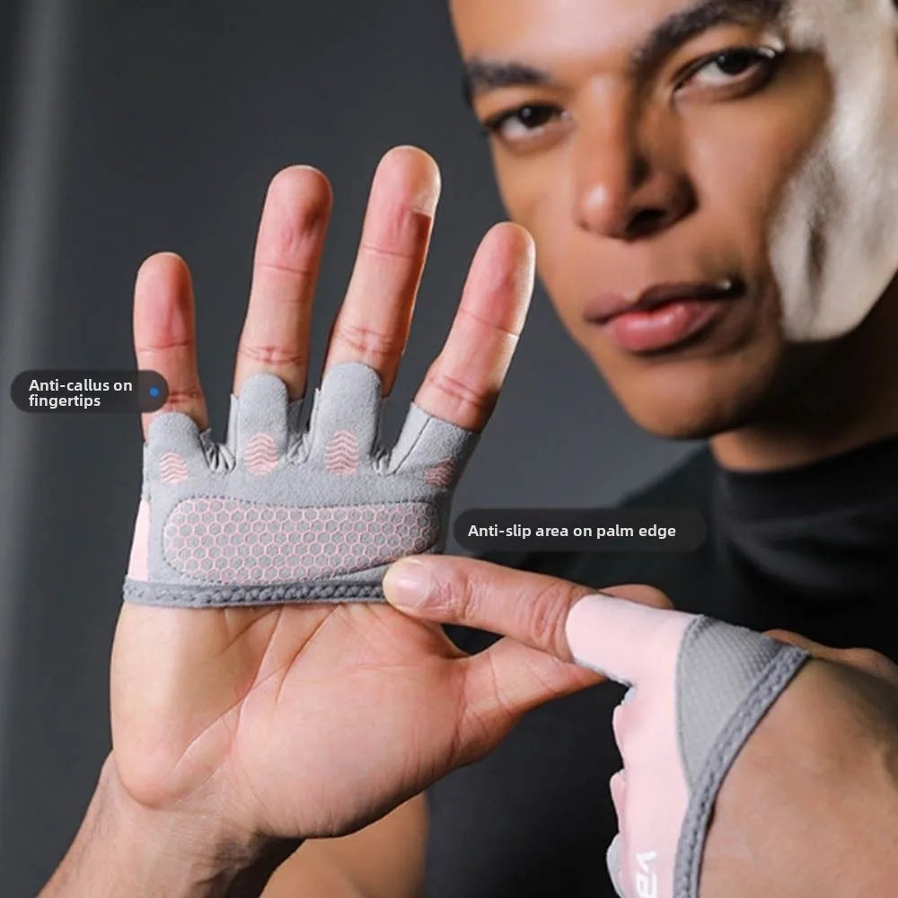 Close-up of a hand wearing ergonomic anti-slip gym lifting gloves, showing features like anti-callus on fingertips and anti-s