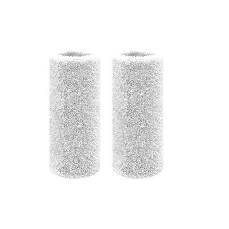 A pair of white dual sports wristbands for sweat absorption.