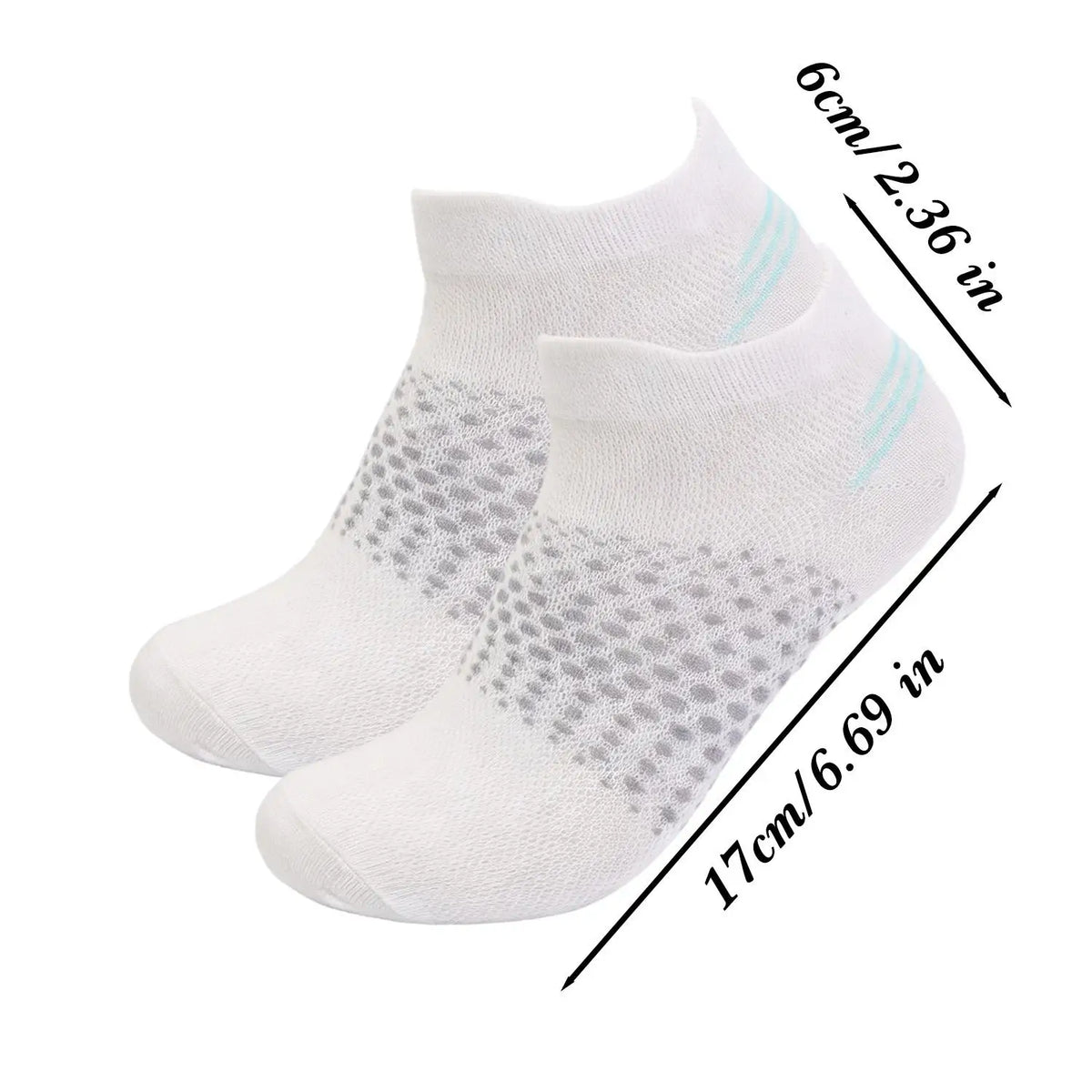 Pair of white breathable mesh ankle socks shown flat with dimensions 6cm/2.36 in and 17cm/6.69 in