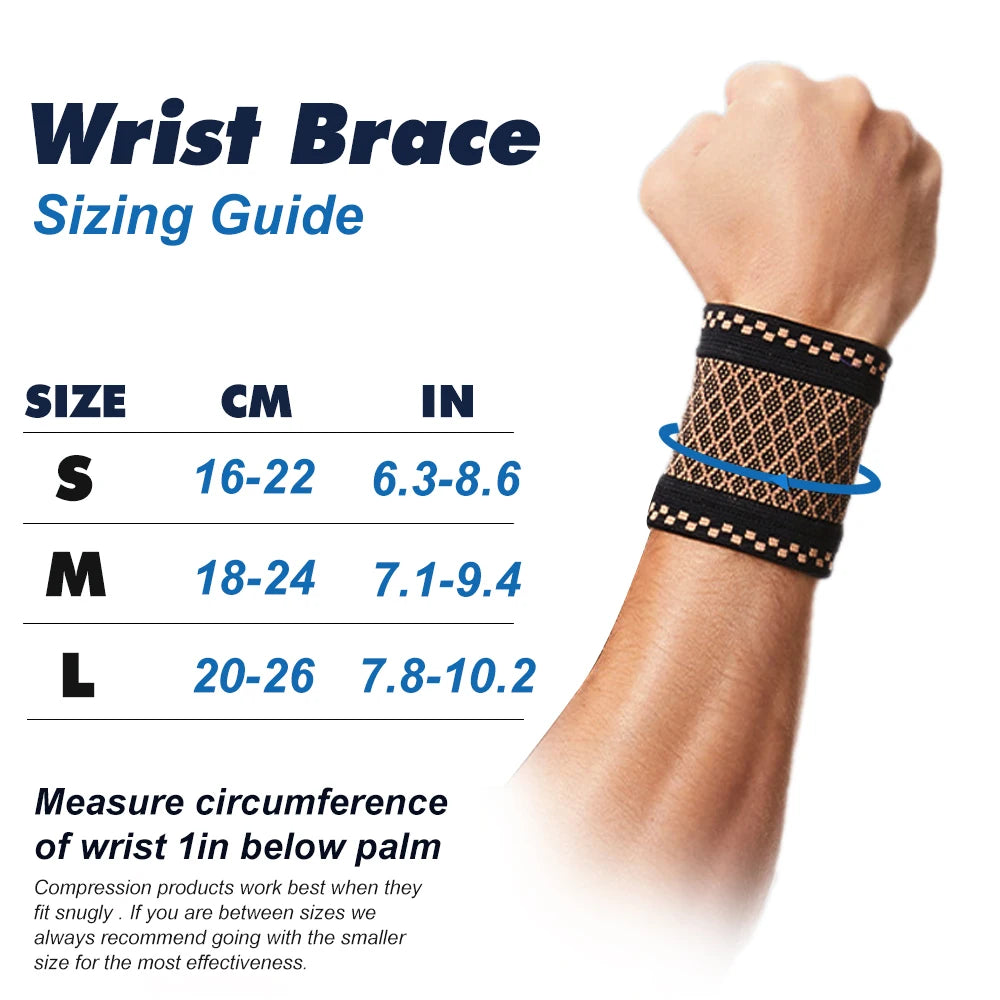 Sizing guide for wrist braces showing sizes S, M, and L with corresponding measurements in centimeters and inches.