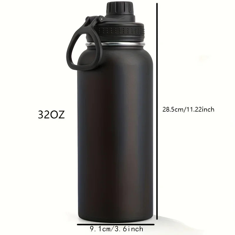 A dark brown insulated stainless steel vacuum water bottle with a black cap and loop, shown vertically.