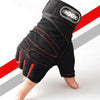 Black half finger wrist guards with red stitching and a white logo shown on a hand.