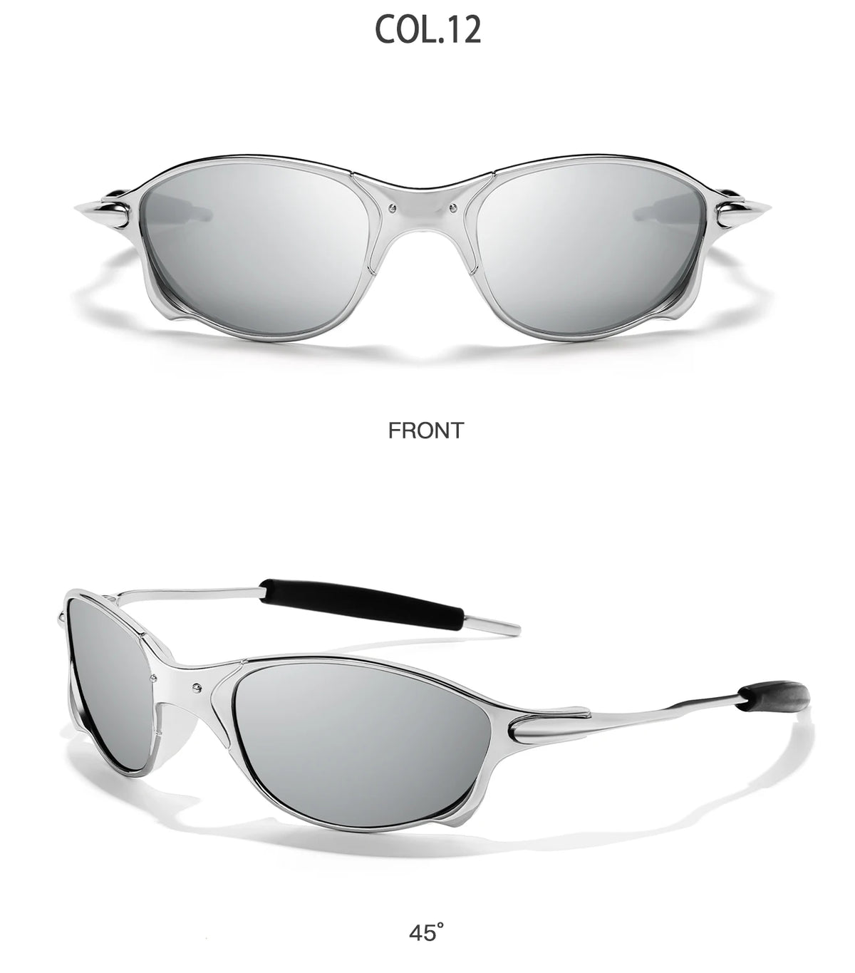 Front view of COL.12 polarized sunglasses with a metal frame, shown at 45 degree angle.