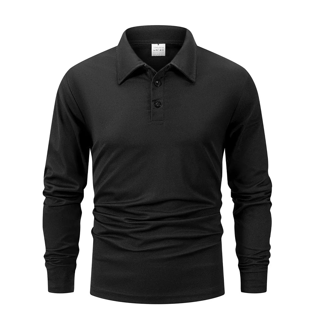 Black men's breathable casual polo shirt shown from the front