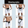 Four images showing different wearing styles of a hernia support belt for post-surgery recovery