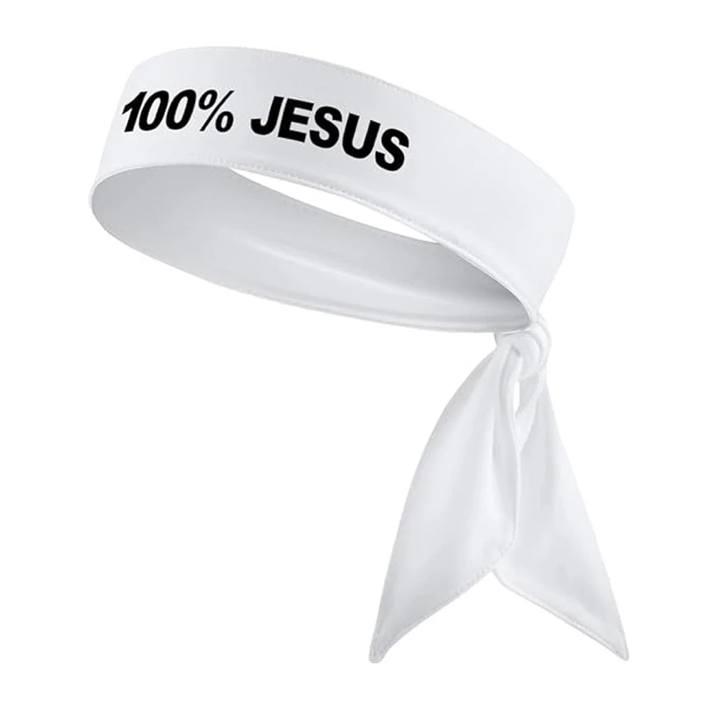 Bandeau de sport blanc avec texte noir indiquant 100% JÉSUS