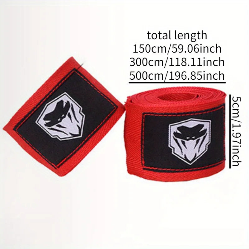 A roll of red and black professional cotton boxing hand wraps with a white silhouette design.