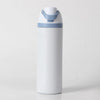 A white insulated stainless steel water bottle with a light blue cap and dual drinking spout.