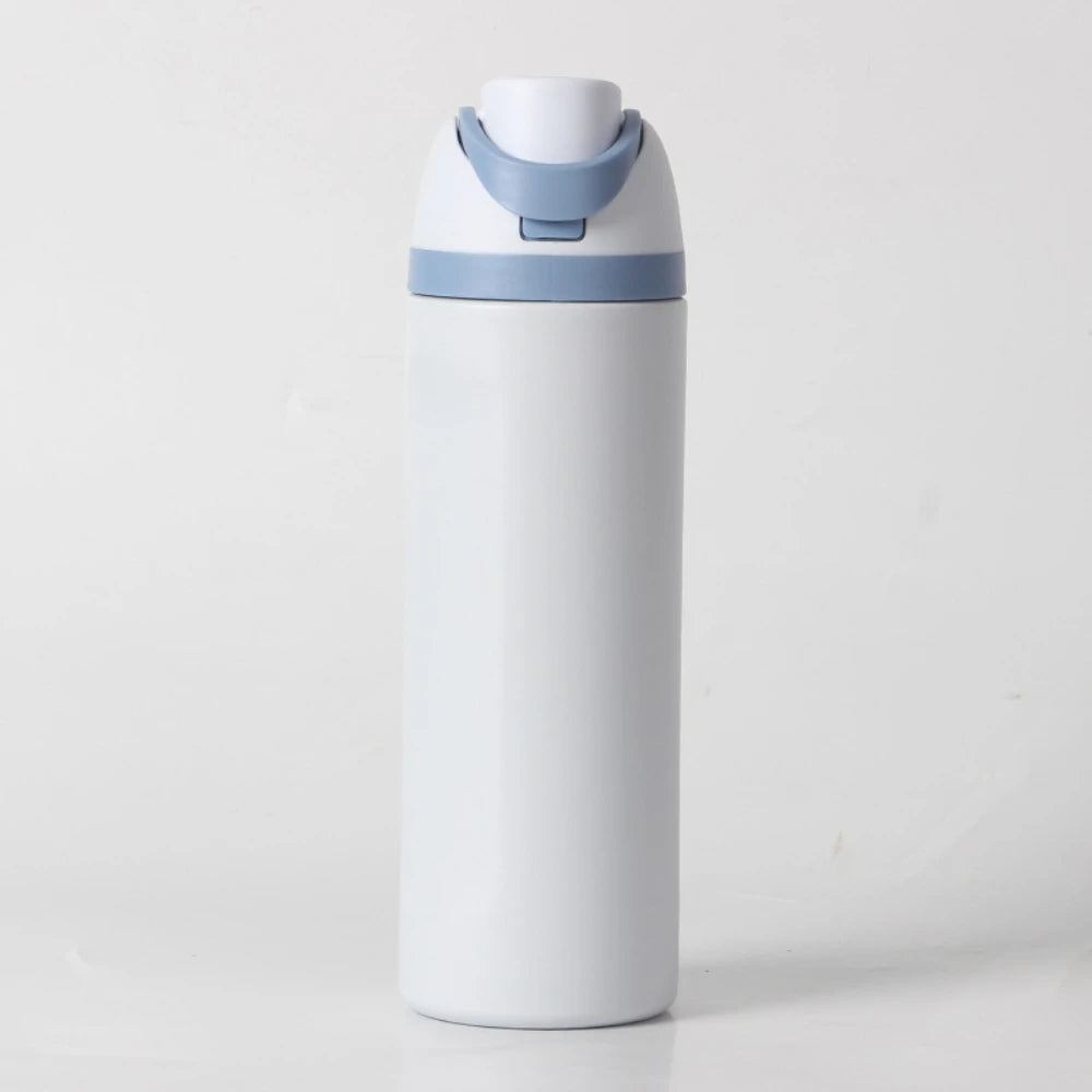 A white insulated stainless steel water bottle with a light blue cap and dual drinking spout.