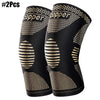 A pair of black copper knee compression sleeves for joint pain relief.