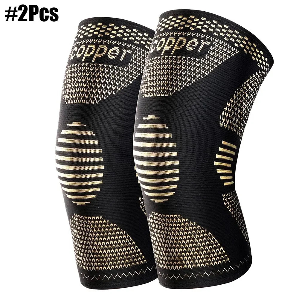 A pair of black copper knee compression sleeves for joint pain relief.