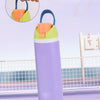 A purple stainless steel insulated fitness cup with an orange lid and straw is shown in an outdoor sports context.
